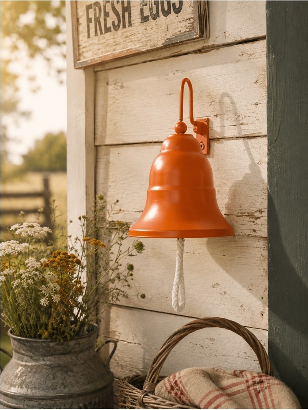 Orange wall dinner bell metal boho eclectic cottage core shabby chic home
